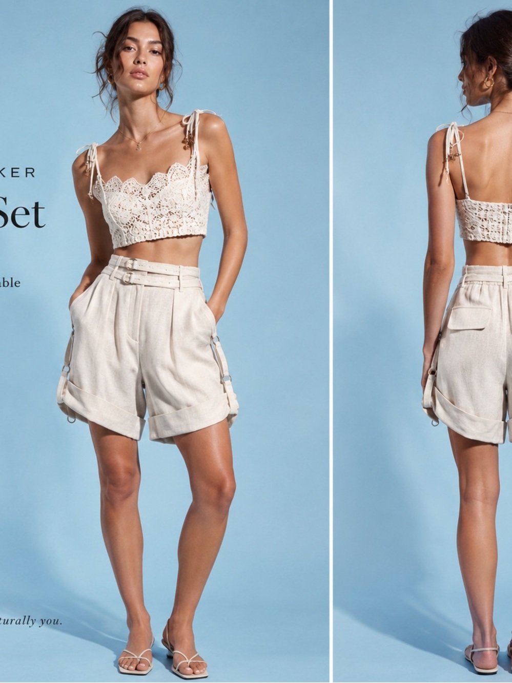 Walter Baker Cream Crochet Lace Crop Top and Linen Blend Short Set